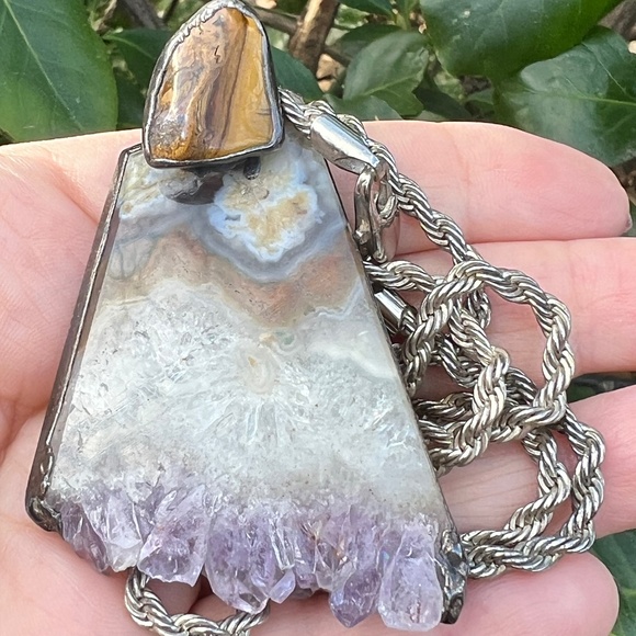 VINTAGE OVERSIZED ARTISAN AMETHYST QUARTZ TIGERS EYE PENDANT ROPE CHAIN NECKLACE